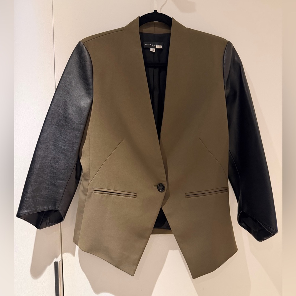 Slate & Willow Olive Green Blazer with Faux Leather Cropped Sleeves